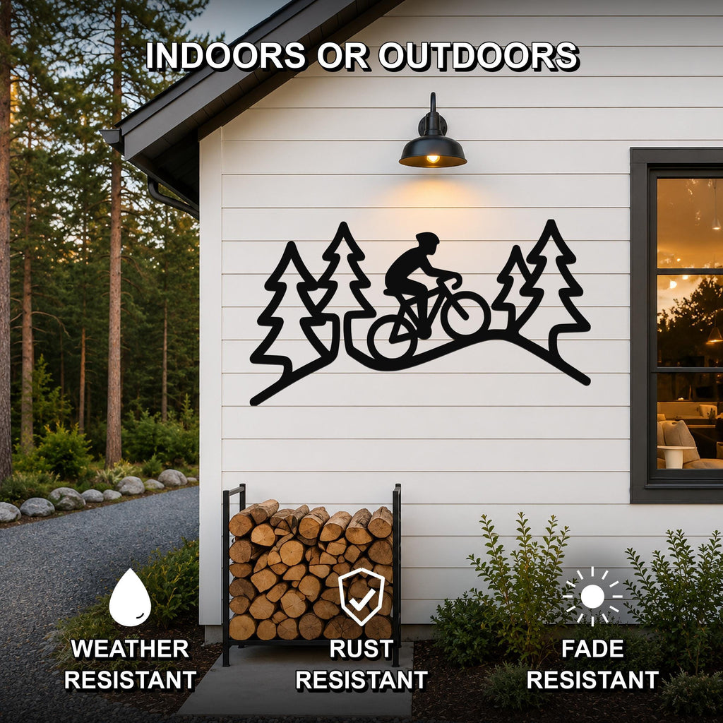 Black metal wall art featuring a cyclist silhouette between pine trees, mounted on a white exterior wall above a firewood rack, with text indicating it is weather, rust, and fade resistant.