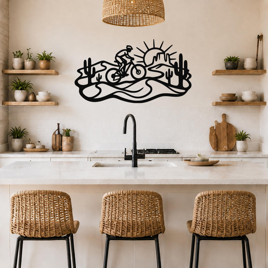Black metal wall art with a desert silhouette of a cyclist, cacti, and sun, mounted above a kitchen counter.