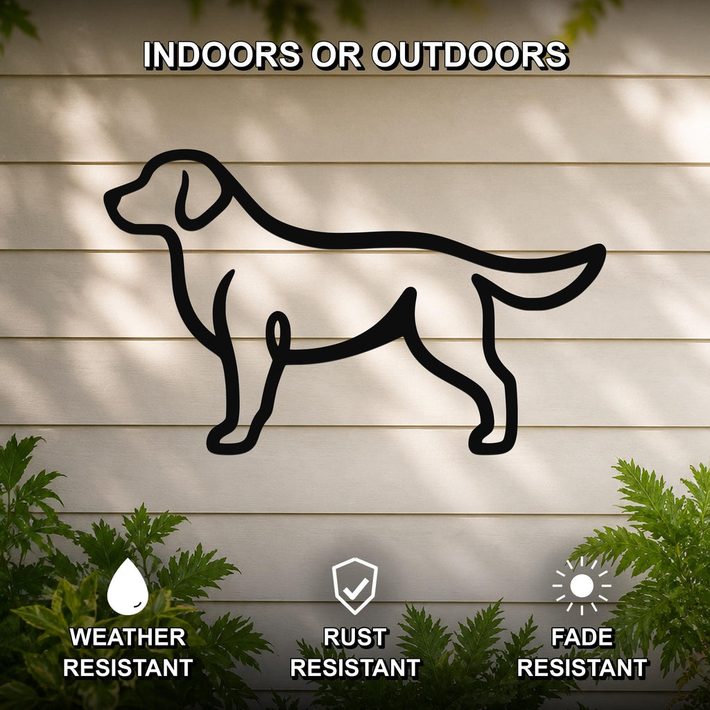 Black metal wall art featuring a bold silhouette of a dog, mounted on a light-colored outdoor wall with greenery, weather resistant, rust resistant, and fade resistant.