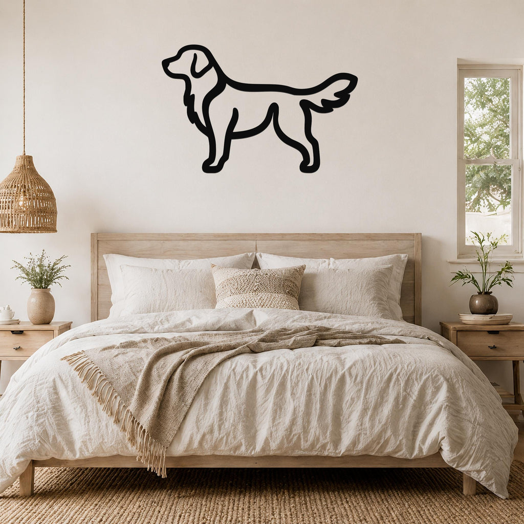Black metal dog silhouette wall art, a golden retriever outline, mounted above a wooden bed in a neutral bedroom.