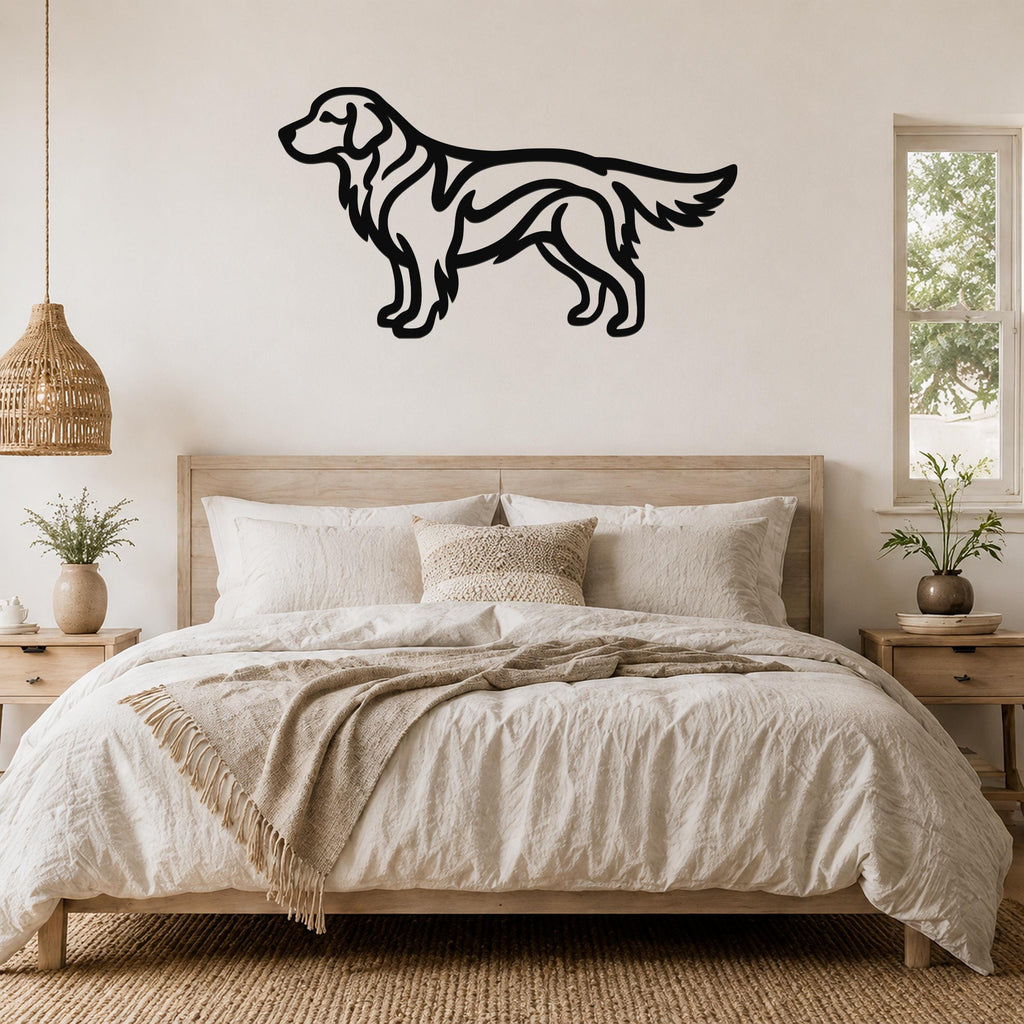 Black metal Golden Retriever wall art silhouette mounted above a bed in a neutral bedroom.