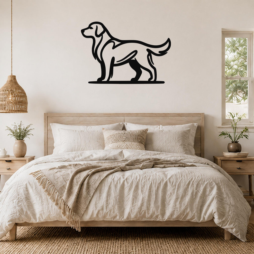 Black metal dog silhouette wall art of a standing Golden Retriever, mounted above a wooden bed in a neutral bedroom.