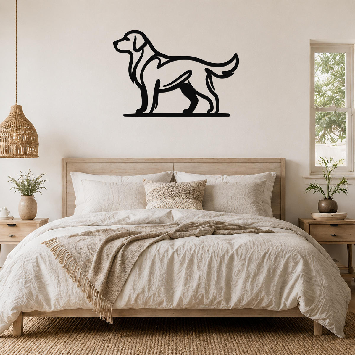 Black metal dog silhouette wall art of a standing Golden Retriever, mounted above a wooden bed in a neutral bedroom.