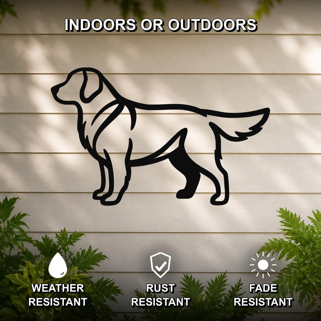 Black metal dog silhouette wall art of a golden retriever, mounted on a light-colored outdoor wall with greenery, weather resistant, rust resistant, and fade resistant.