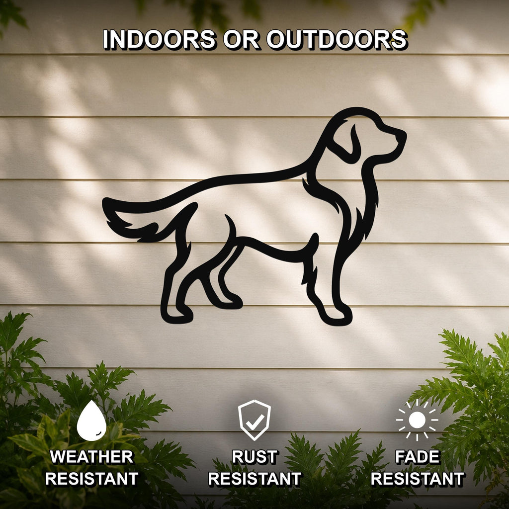 Black metal Golden Retriever silhouette wall art mounted on a light-colored outdoor wall, with green plants at the base and text indicating it is weather, rust, and fade resistant.