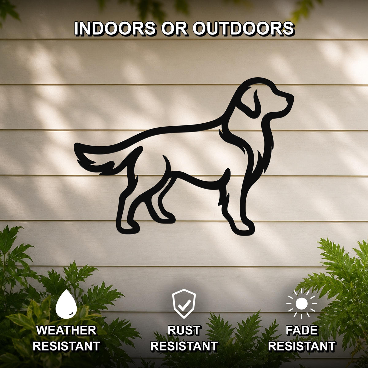 Black metal Golden Retriever silhouette wall art mounted on a light-colored outdoor wall, with green plants at the base and text indicating it is weather, rust, and fade resistant.