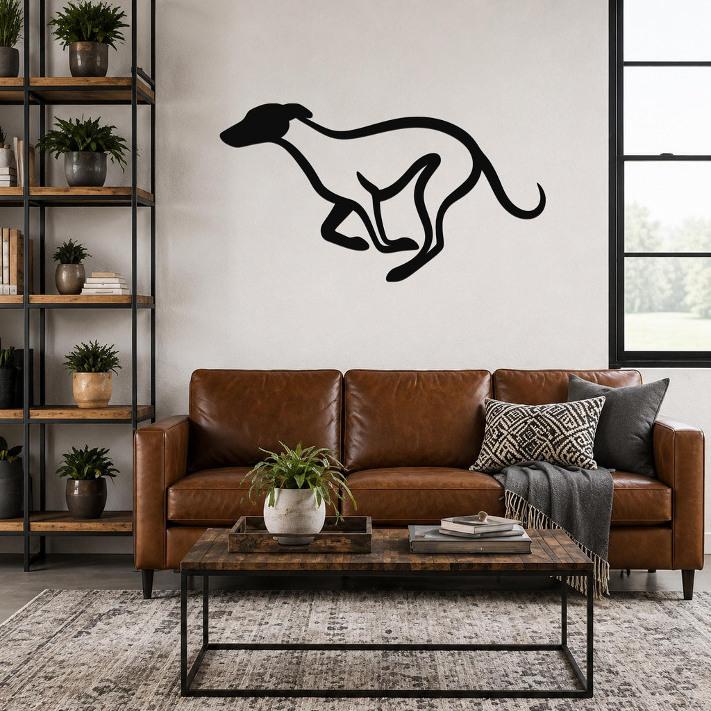 Black metal greyhound wall art with a sleek silhouette design, mounted above a brown leather sofa in a living room.