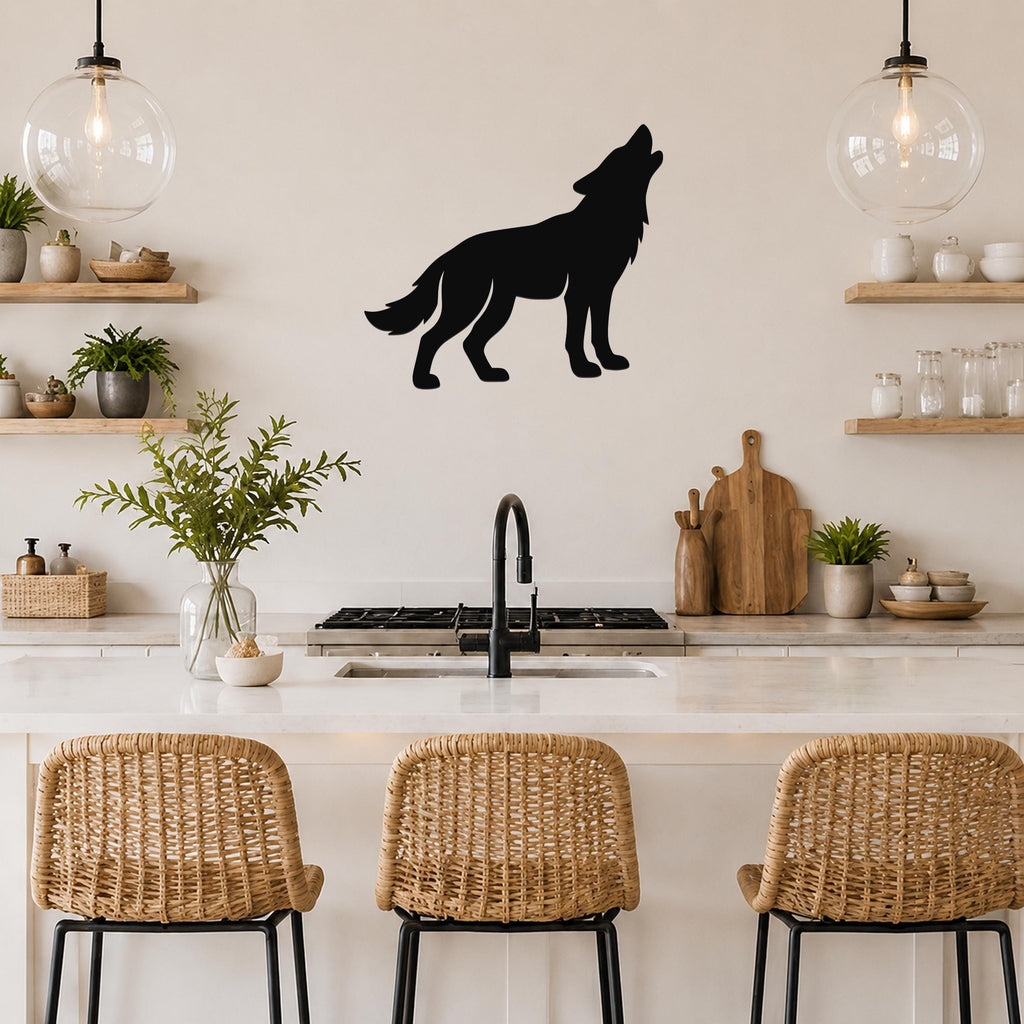 Black metal coyote wall art in a howling silhouette, mounted on a kitchen wall above a counter with wicker bar stools.