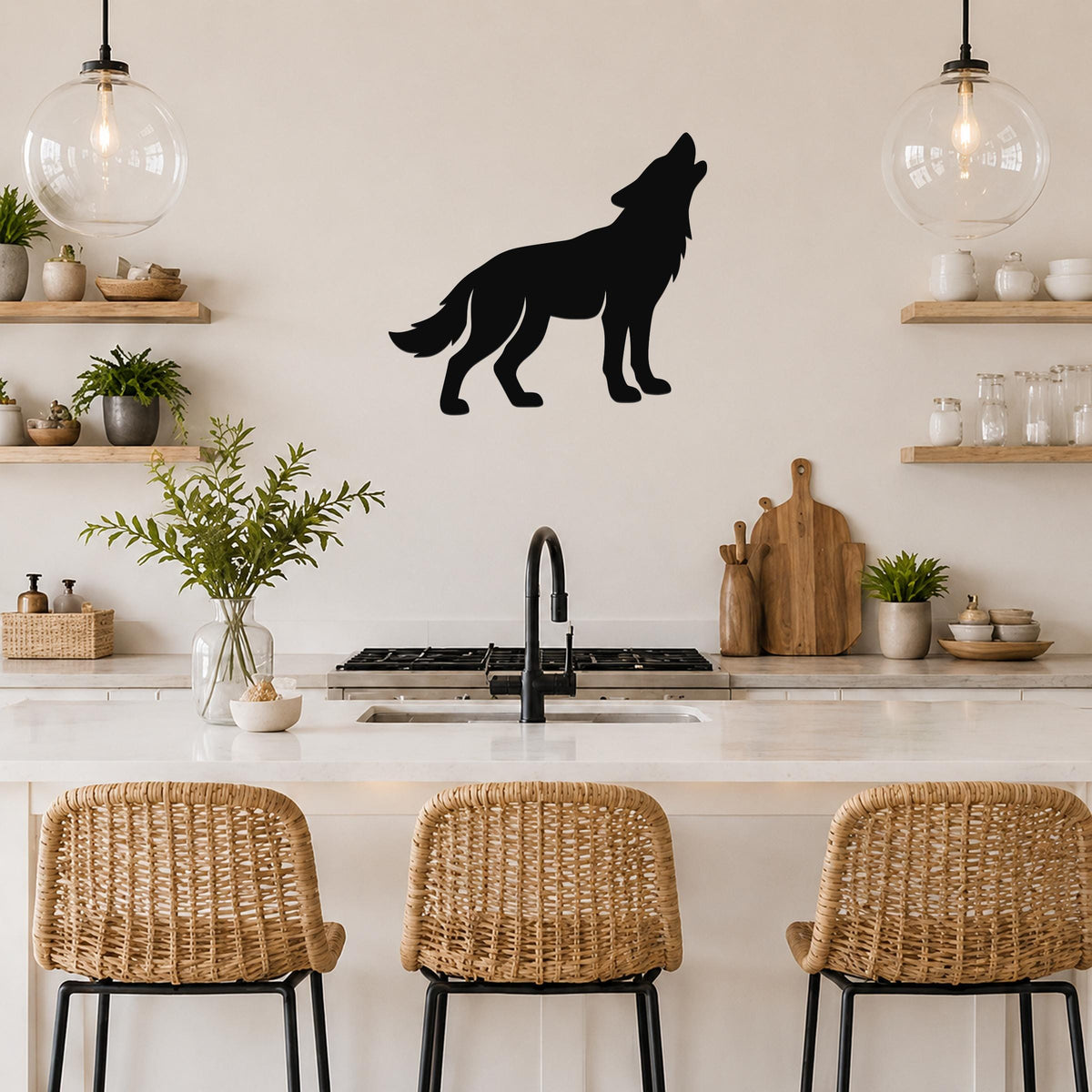 Black metal coyote wall art in a howling silhouette, mounted on a kitchen wall above a counter with wicker bar stools.