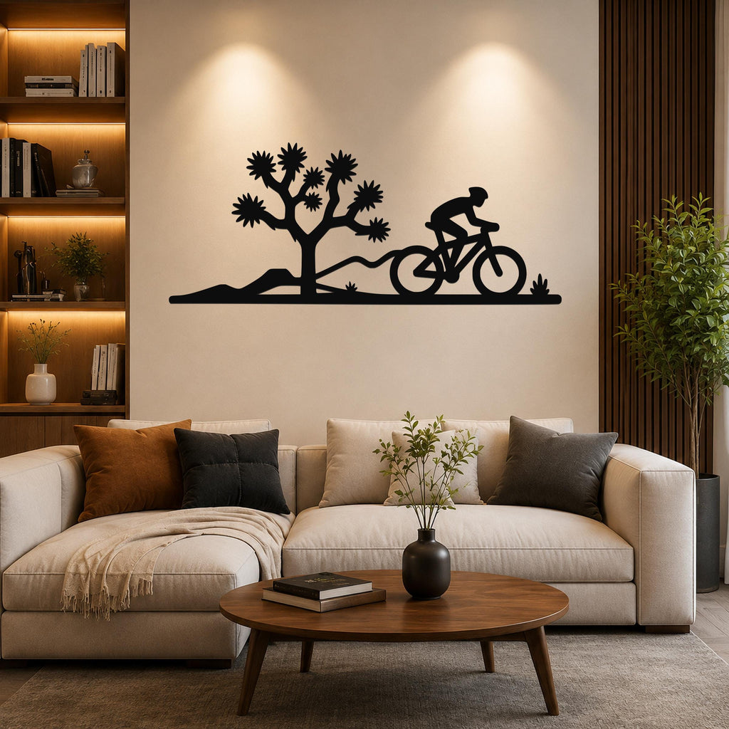 Black metal wall art silhouette of a cyclist and Joshua tree, mounted above a sofa in a living room.