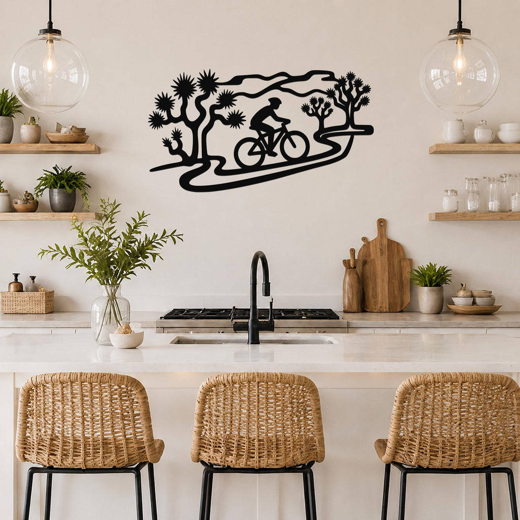Black metal wall art silhouette of a cyclist on a winding path through Joshua trees, mounted above a kitchen counter.