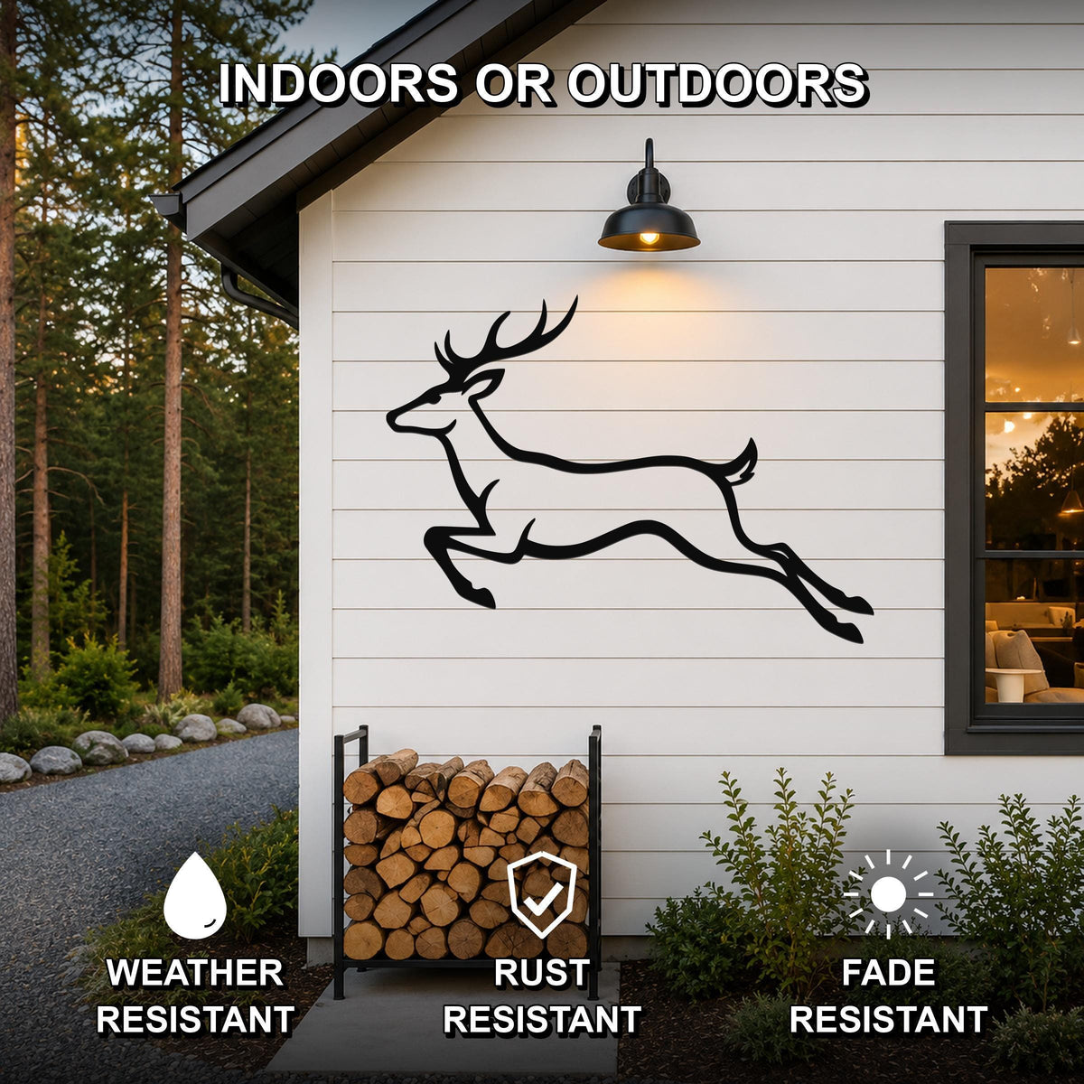Black metal jumping deer wall art silhouette mounted on a white exterior wall above a firewood rack, with text indicating indoor or outdoor use and weather, rust, and fade resistance.