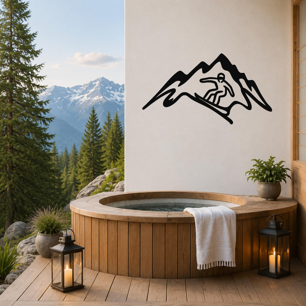 Black metal wall art featuring a snowboarder silhouette within a mountain range, mounted on a white wall above a wooden hot tub on a deck with a mountain view.