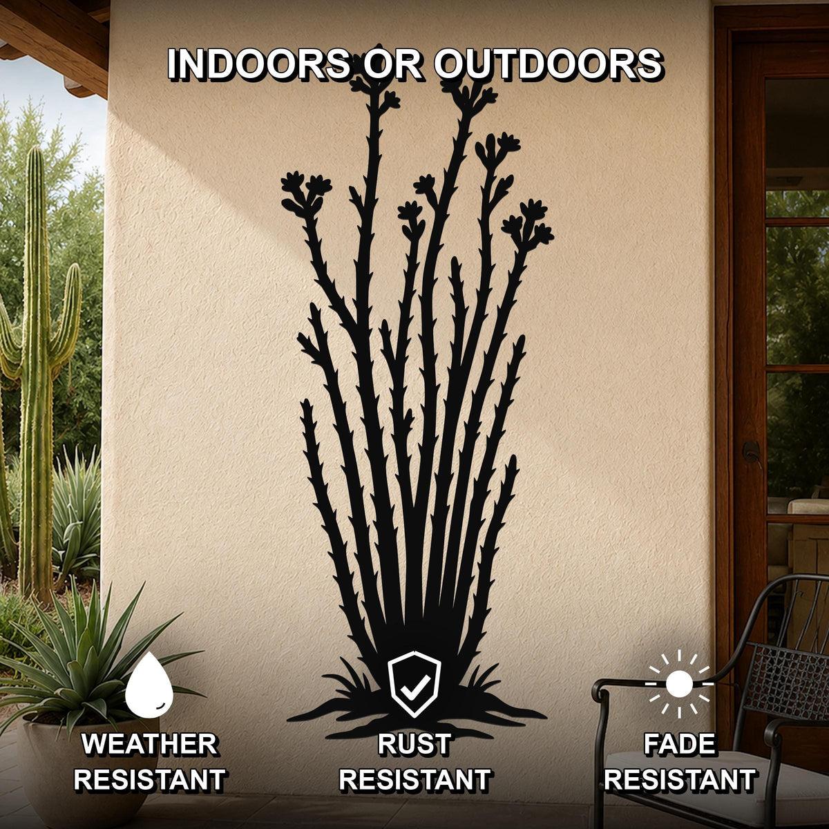 Black metal ocotillo wall art with flower and branch cutouts, mounted on an outdoor patio wall, weather, rust, and fade resistant.