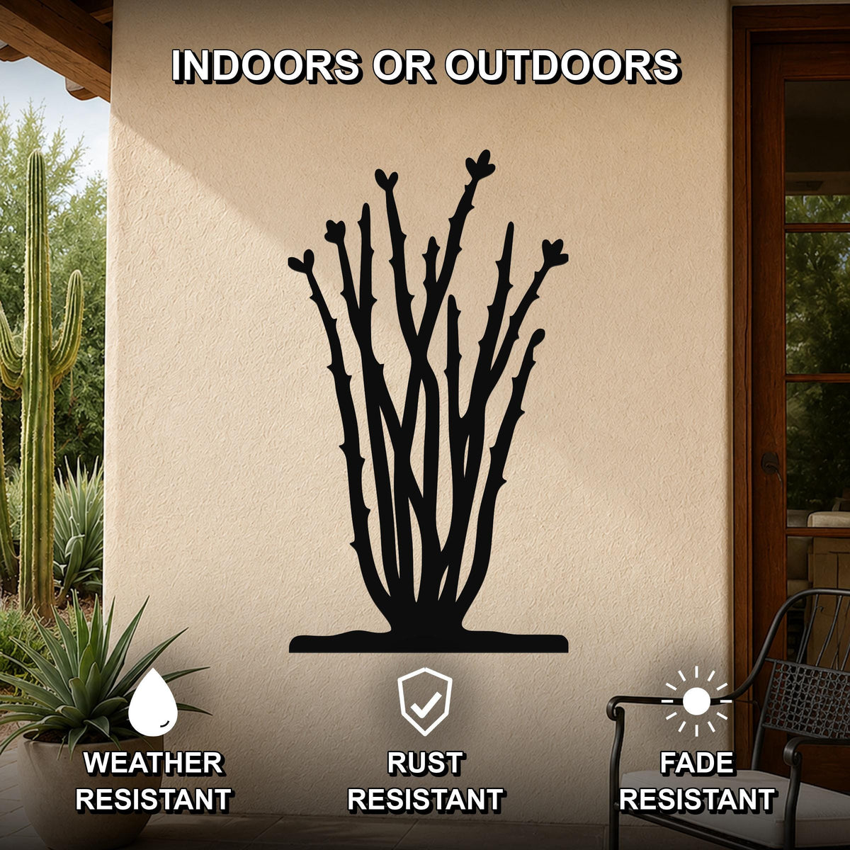 Black metal ocotillo wall art with branch cutouts, mounted on an outdoor patio wall, weather resistant, rust resistant, and fade resistant.