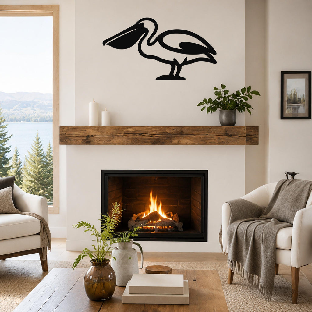 Black metal pelican wall art silhouette mounted above a fireplace in a living room.