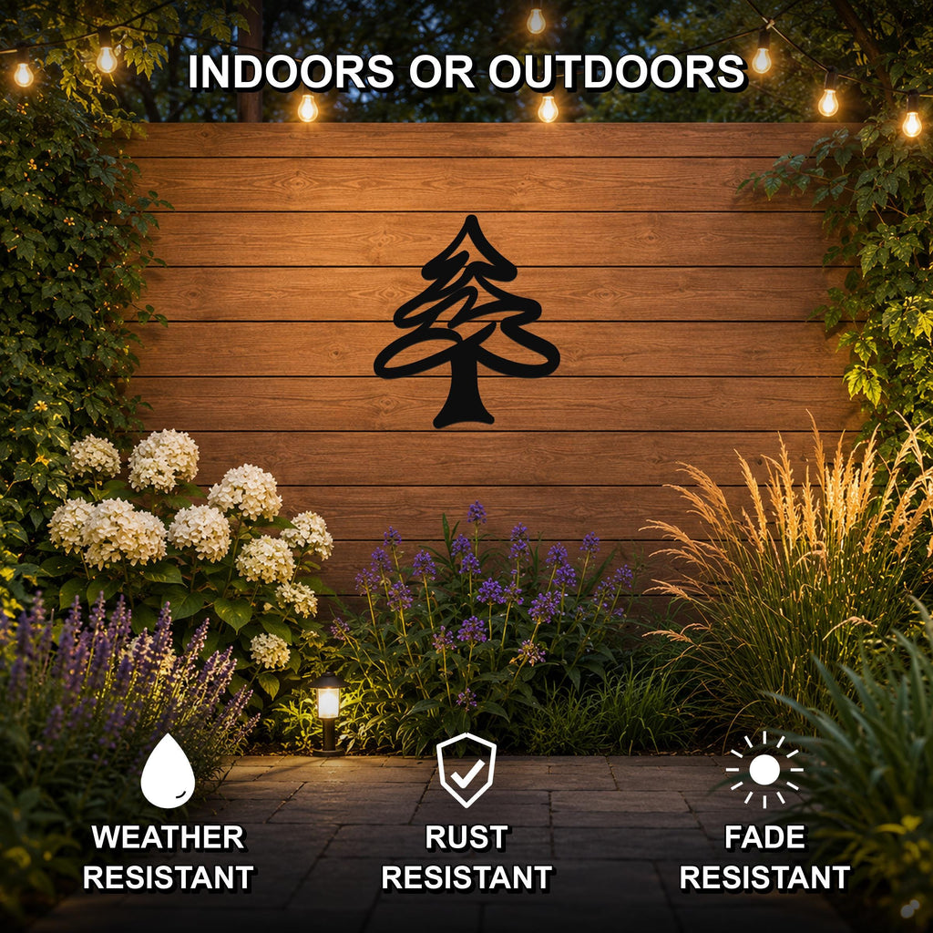 Black metal pine tree wall art silhouette mounted on a wooden outdoor wall, surrounded by plants and string lights, with text indicating it is weather, rust, and fade resistant.