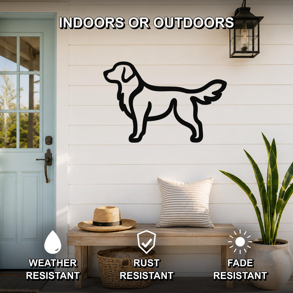 Black metal retriever silhouette wall art mounted on a white shiplap wall above a wooden bench on a porch, with text indicating it is weather, rust, and fade resistant.