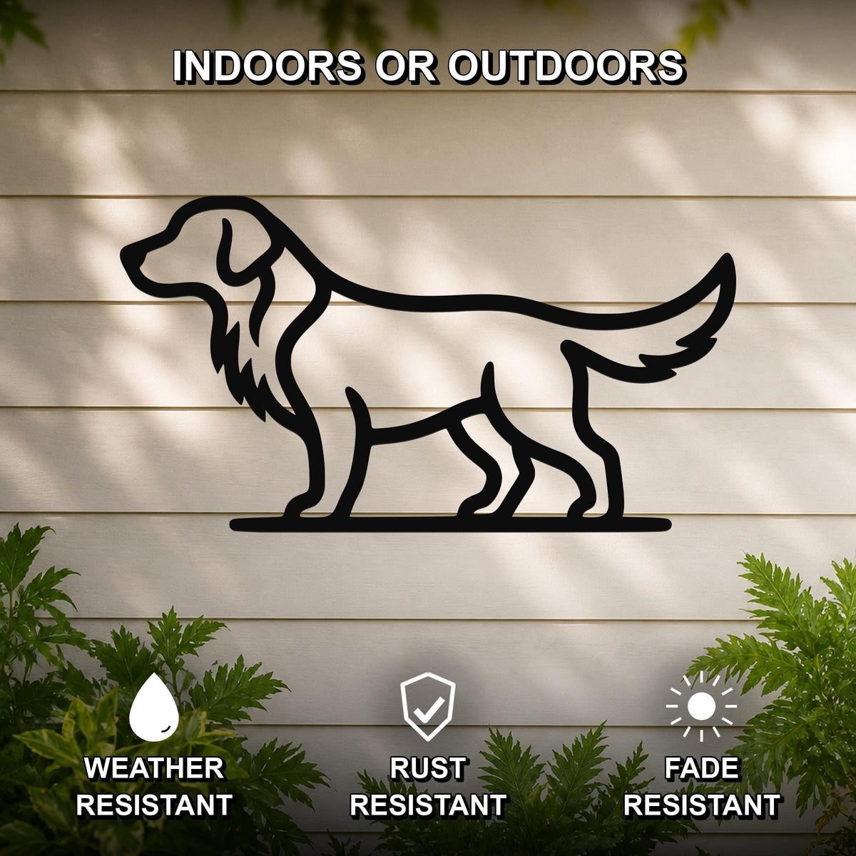 Black metal retriever silhouette wall art mounted on a light-colored outdoor wall, with green plants at the base and text indicating it is weather, rust, and fade resistant.