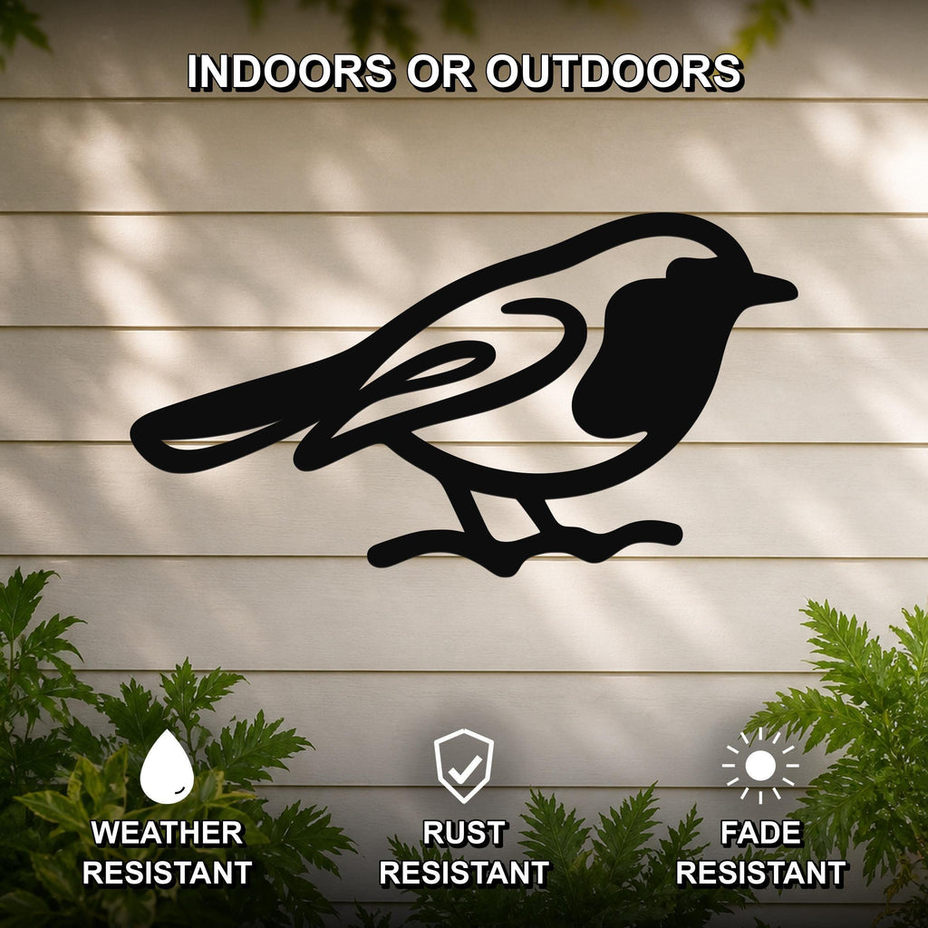 Black metal robin wall art silhouette mounted on a light-colored outdoor wall, with green plants visible below and text indicating it is weather, rust, and fade resistant.