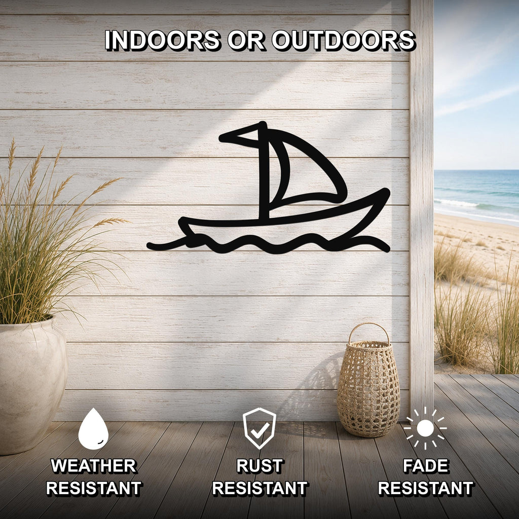 Black metal sailboat wall art with wavy water lines, mounted on a light wood plank wall above a deck, shown with weather, rust, and fade resistant icons.