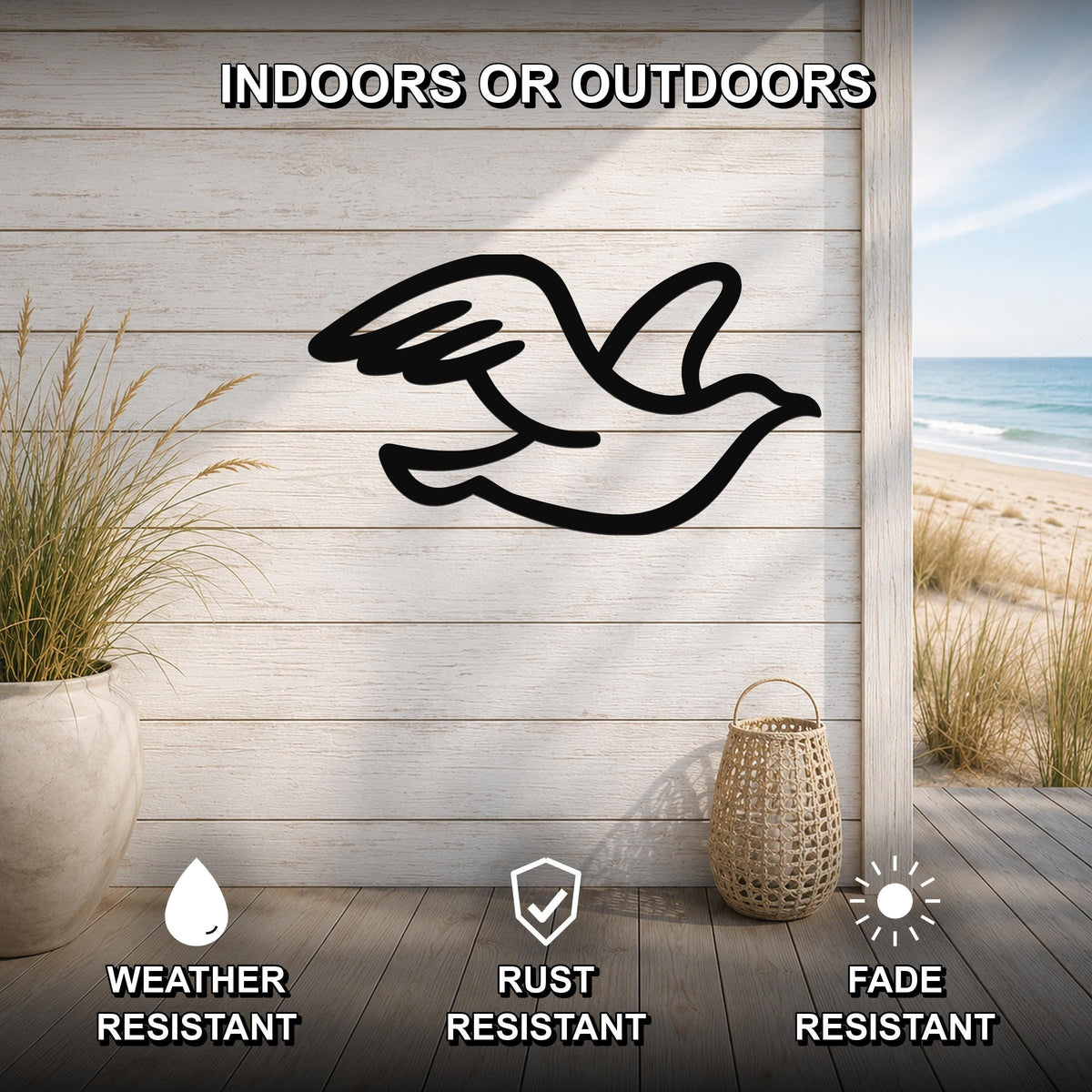 Black metal seagull wall art with motion-line cutouts, mounted on a light wood plank wall above a deck, with a beach view visible through an opening.
