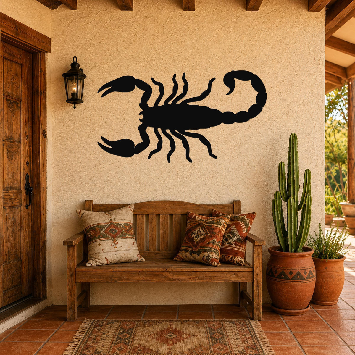 Black metal scorpion wall art silhouette mounted on a stucco wall above a wooden bench in a Southwest-style entryway.