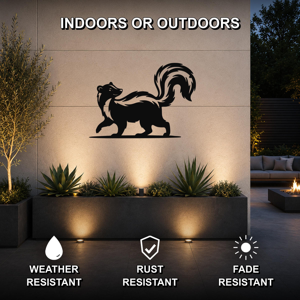 Black metal skunk silhouette wall art mounted on an outdoor wall above a planter, with text indicating indoor or outdoor use and features like weather, rust, and fade resistance.