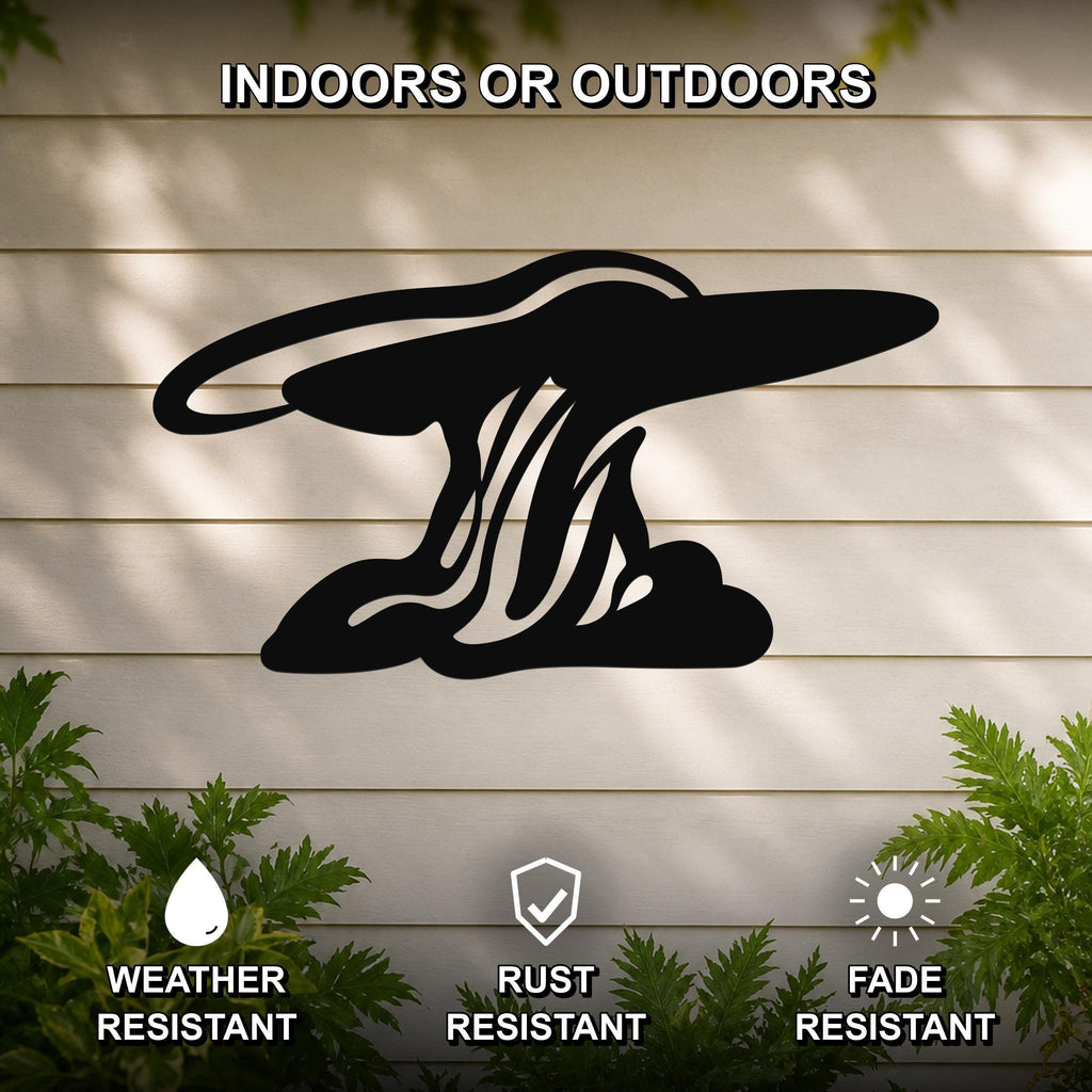 Black metal wall art silhouette of a storm cloud with rain and lightning cutouts, mounted on a light-colored outdoor wall with greenery, weather resistant, rust resistant, and fade resistant.
