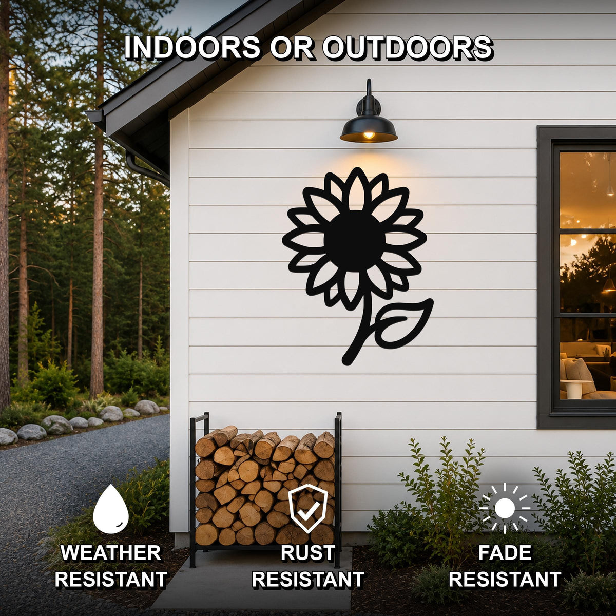 Black metal sunflower wall art with a bold silhouette and leaf detail, mounted on a white exterior wall above a firewood rack, suitable for indoor or outdoor use.