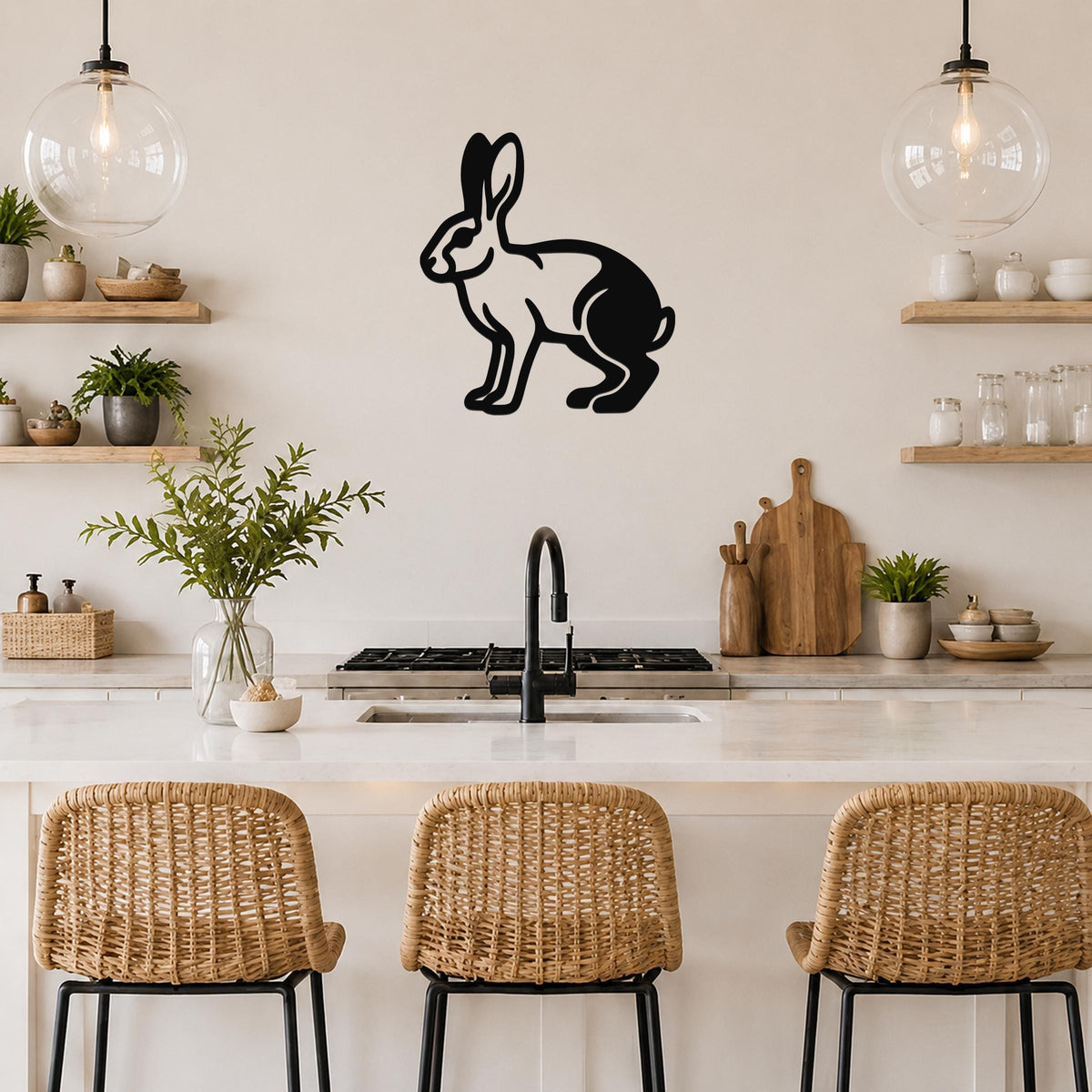 Black metal jackrabbit wall art silhouette mounted on a kitchen wall above a counter, with wicker bar stools and open shelving visible below.