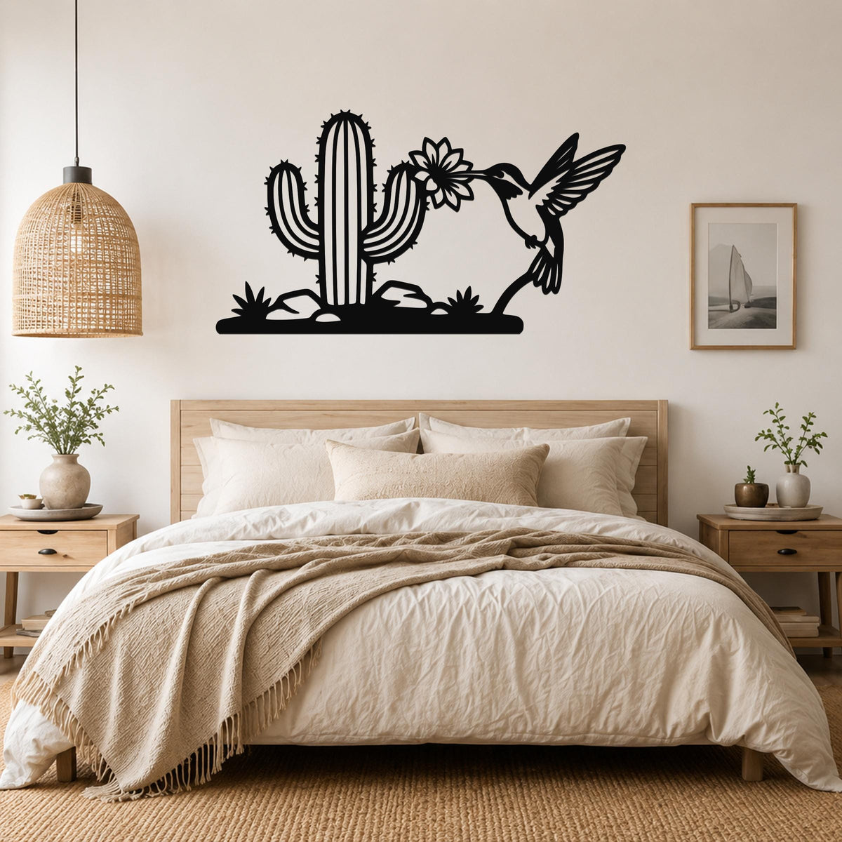 Metal Wall Art Desert Wildlife Sculpture - Sonoran Hummingbird with Saguaro Cactus, Weatherproof Steel, Indoor Outdoor Southwestern Decor
