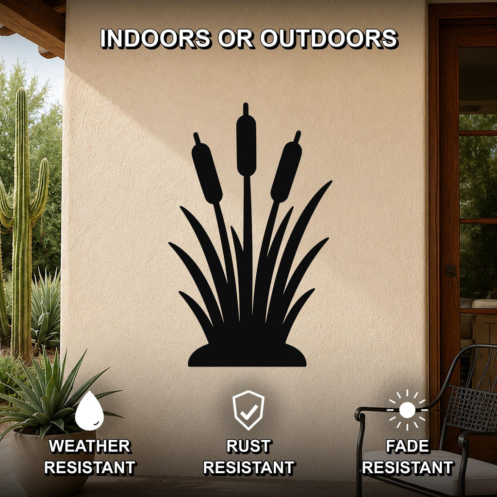Black metal cattail wall art silhouette mounted on an outdoor patio wall, weather resistant, rust resistant, and fade resistant.