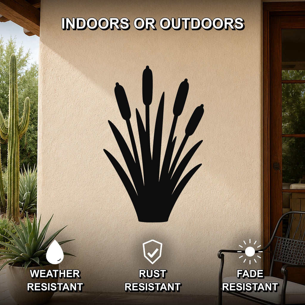 Black metal cattail wall art silhouette mounted on an outdoor patio wall, weather resistant, rust resistant, and fade resistant.