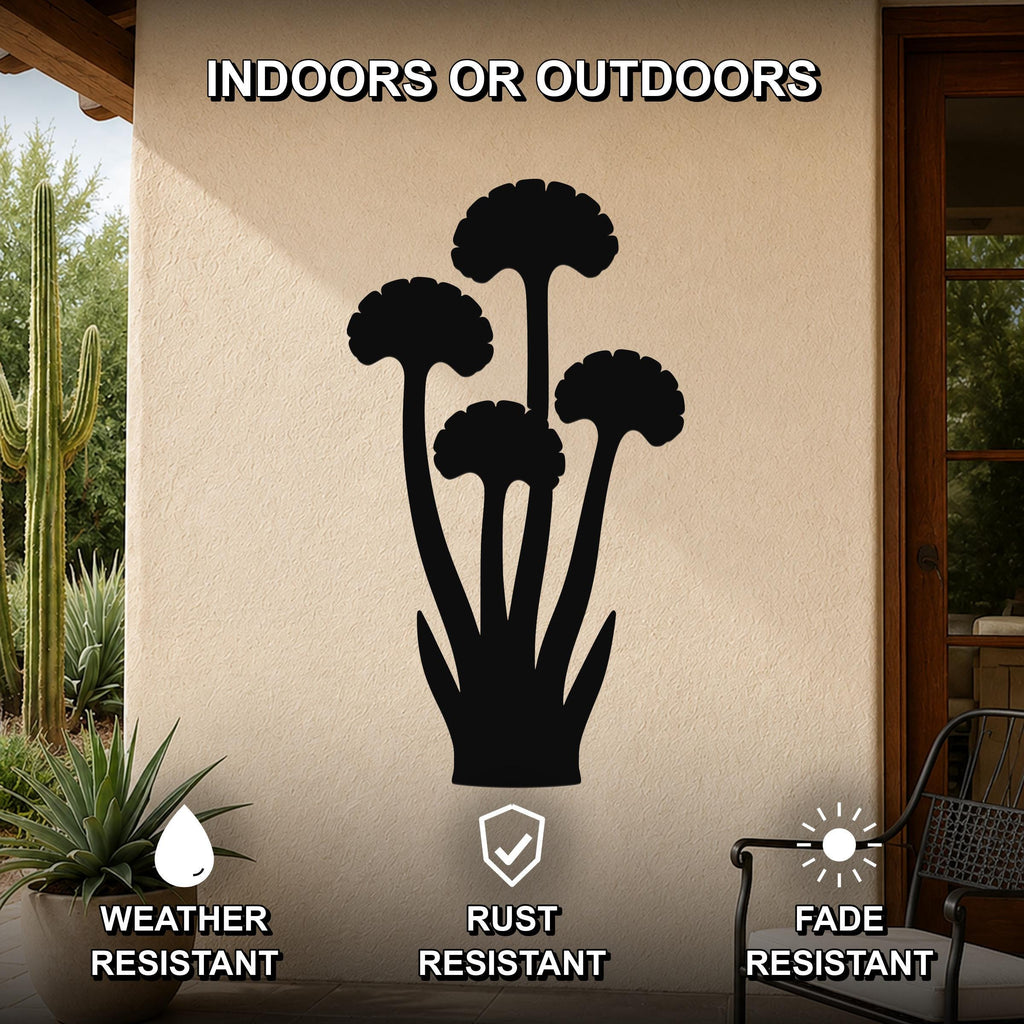 Black metal ginkgo leaf wall art silhouette mounted on an outdoor patio wall, featuring weather, rust, and fade resistant properties.