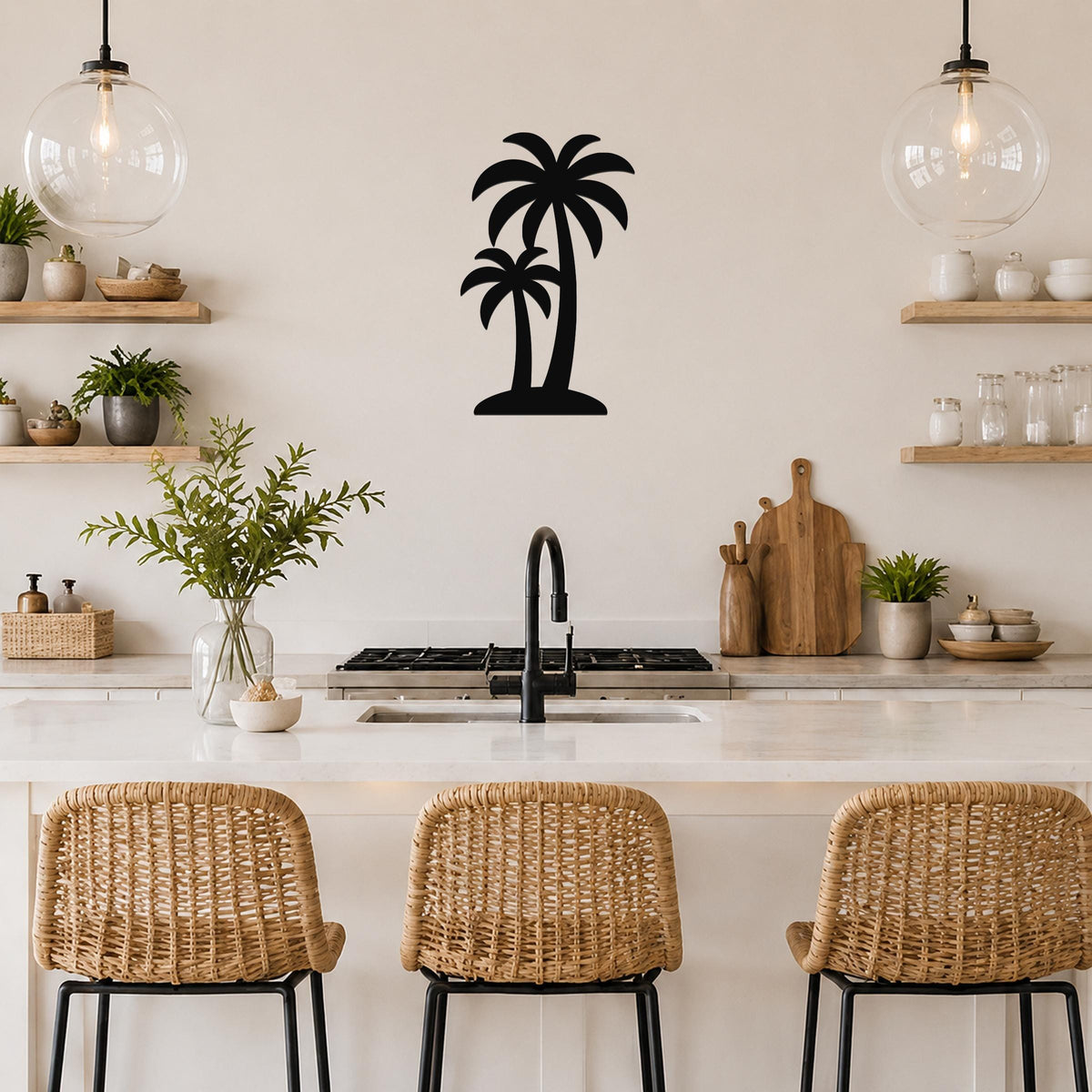 Black metal twin palm tree wall art silhouette mounted on a kitchen wall above a counter, with wicker bar stools and open shelves visible below.