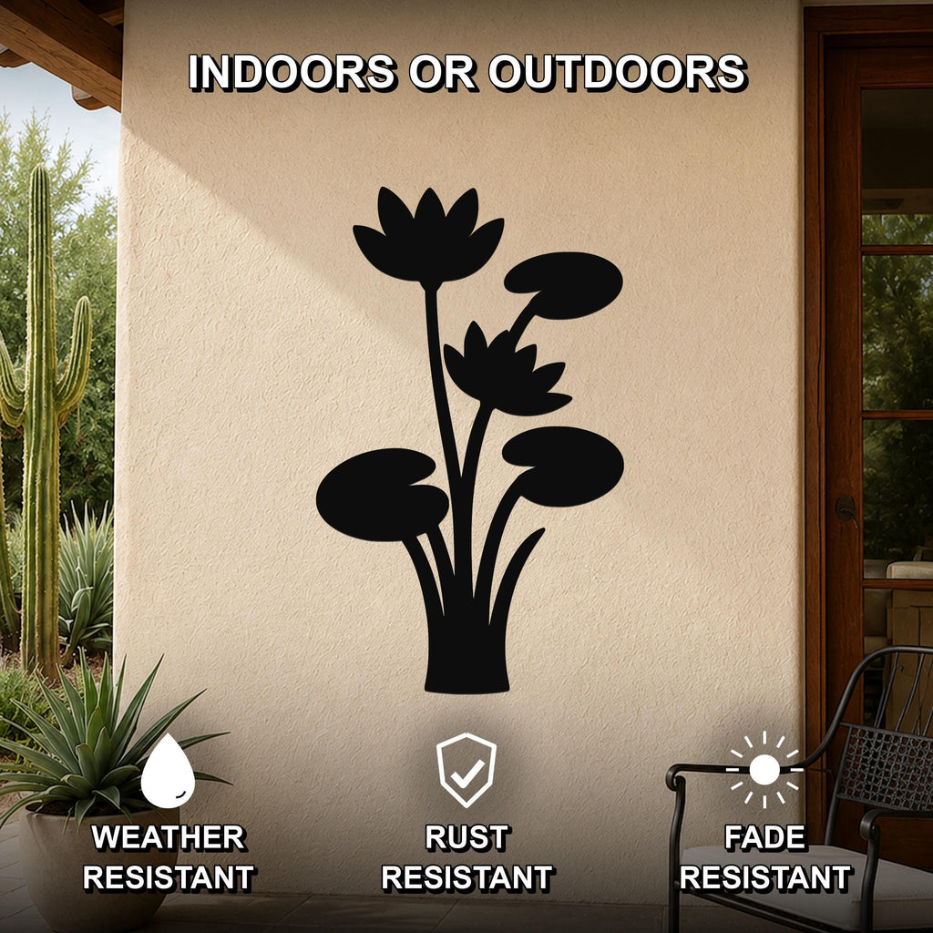 Black metal lotus water lily wall art with flower and leaf cutouts, mounted on an outdoor patio wall.