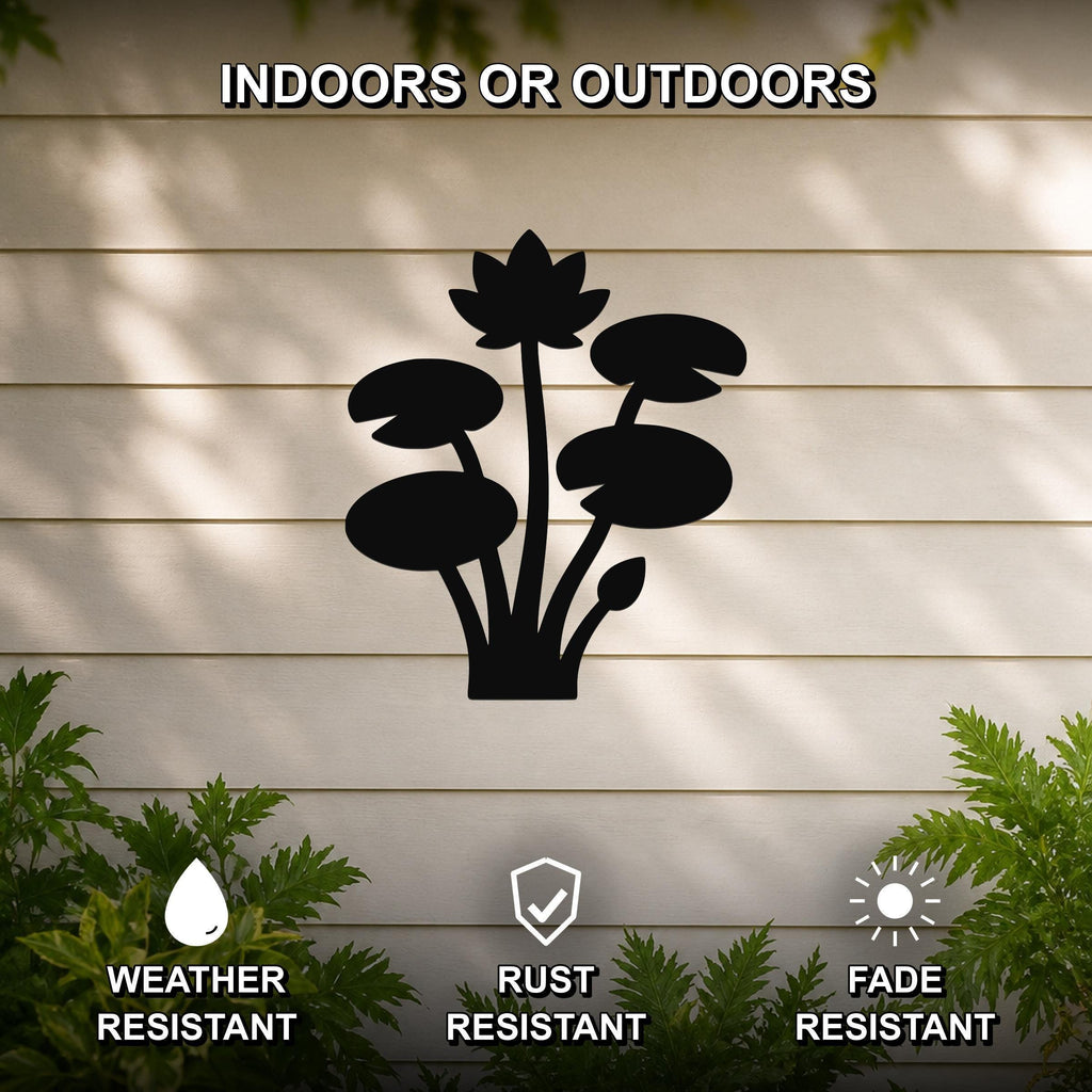 Black metal lotus water lily wall art silhouette mounted on a beige outdoor wall, featuring weather, rust, and fade resistant properties.