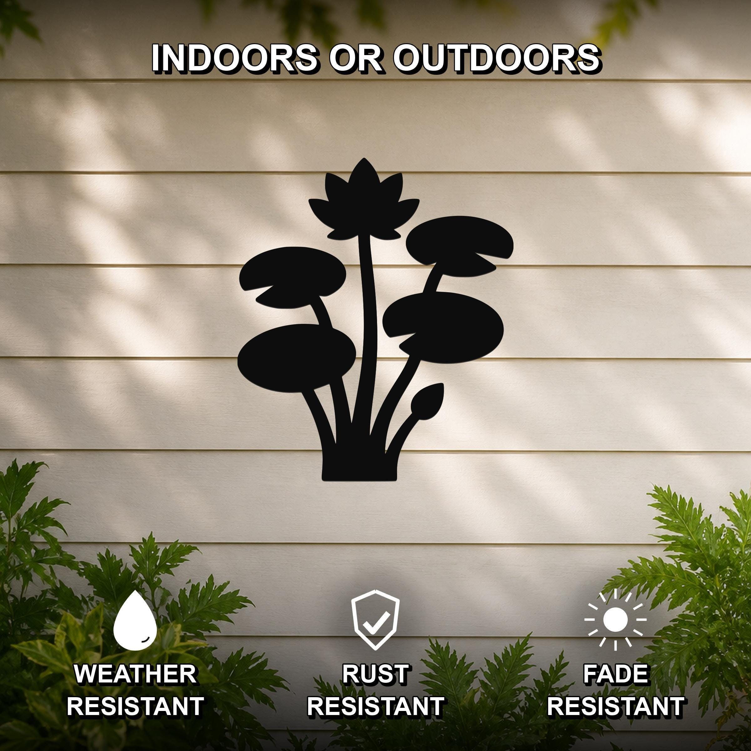 Black metal lotus water lily wall art silhouette mounted on a beige outdoor wall, featuring weather, rust, and fade resistant properties.