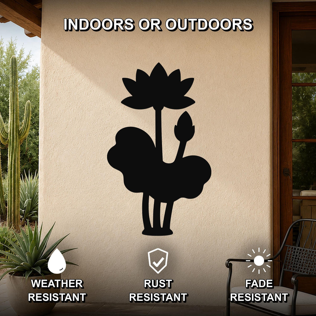Black metal lotus wall art silhouette with flower and leaf cutouts, mounted on an outdoor patio wall.