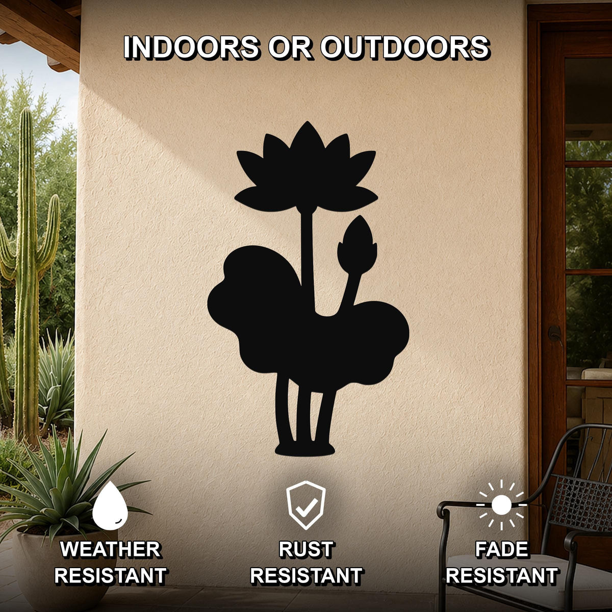 Black metal lotus wall art silhouette with flower and leaf cutouts, mounted on an outdoor patio wall.