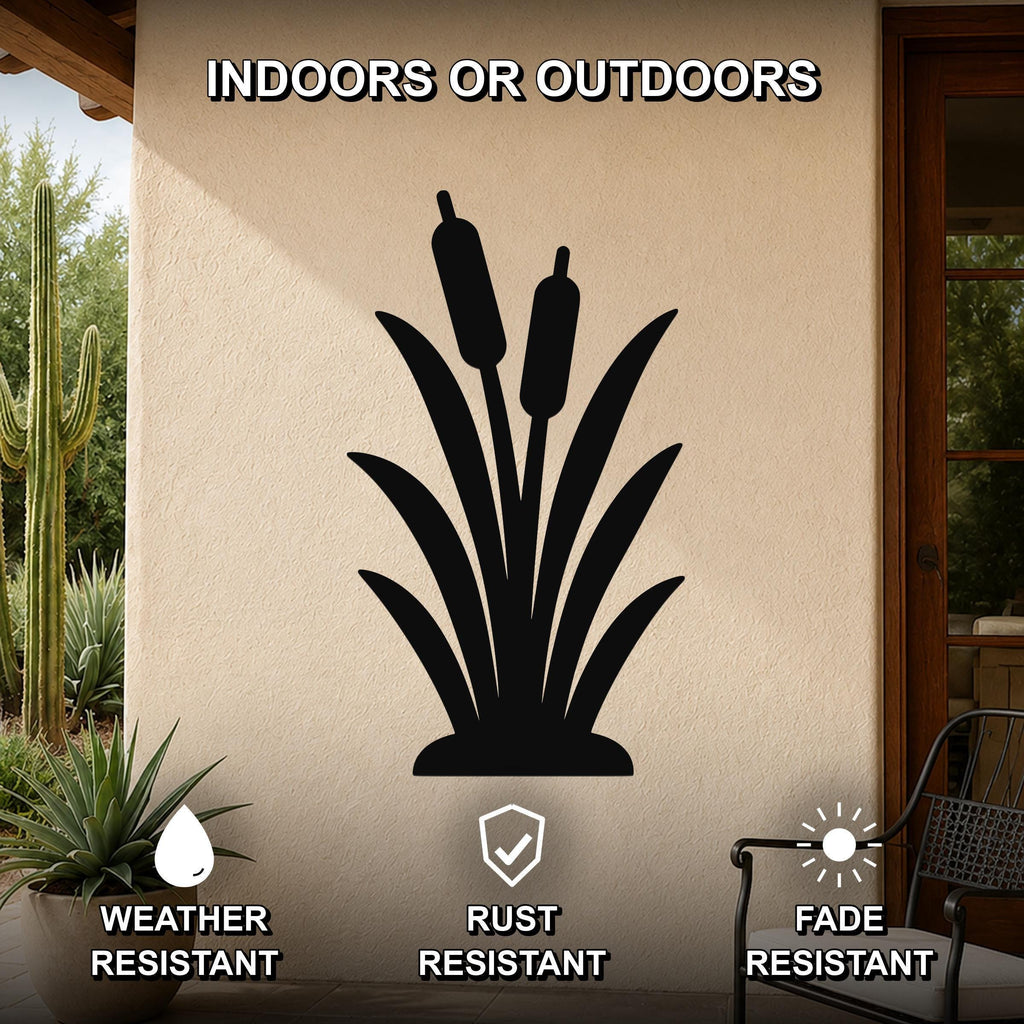 Black metal cattail wall art silhouette mounted on an outdoor patio wall, weather resistant, rust resistant, and fade resistant.