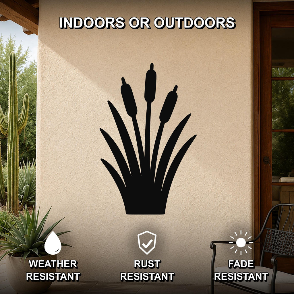 Black metal cattail wall art silhouette mounted on an outdoor patio wall, weather resistant, rust resistant, and fade resistant.