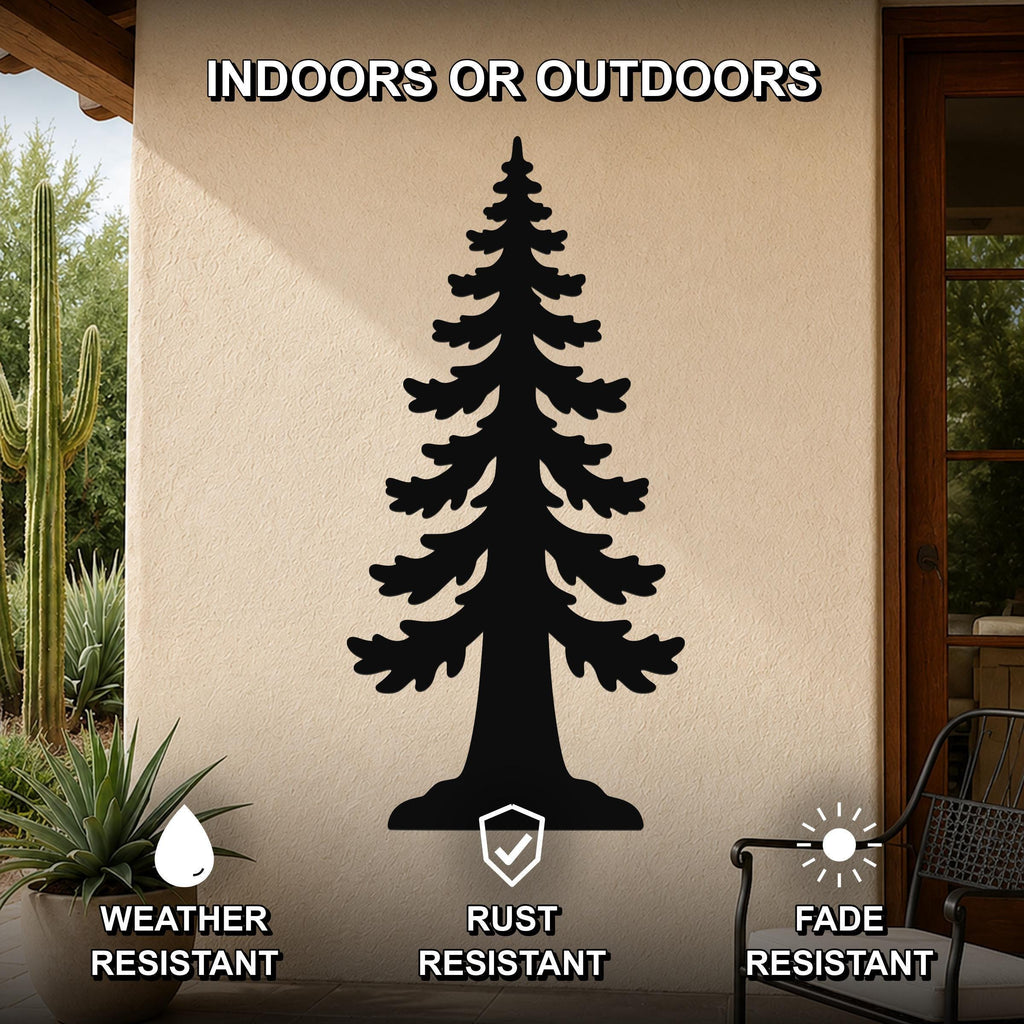 Black metal sequoia tree wall art silhouette mounted on an outdoor patio wall, weather resistant, rust resistant, and fade resistant.