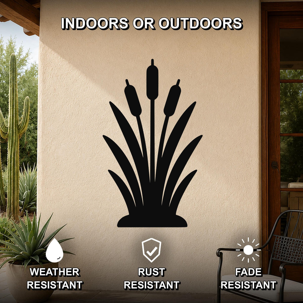 Black metal cattail wall art silhouette mounted on an outdoor patio wall, weather resistant, rust resistant, and fade resistant.