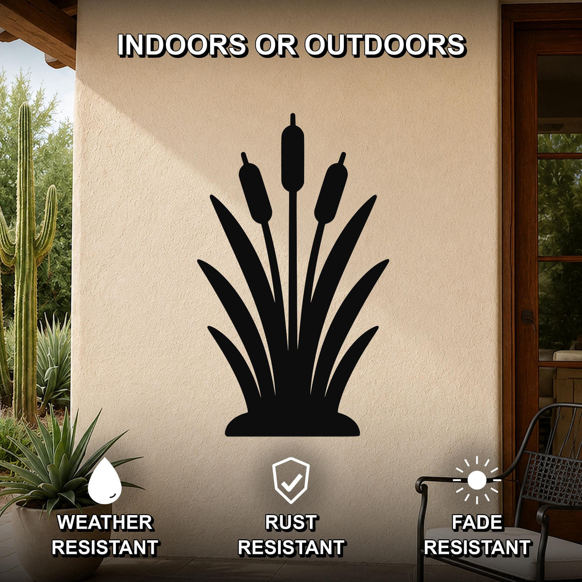 Black metal cattail wall art silhouette mounted on an outdoor patio wall, weather resistant, rust resistant, and fade resistant.