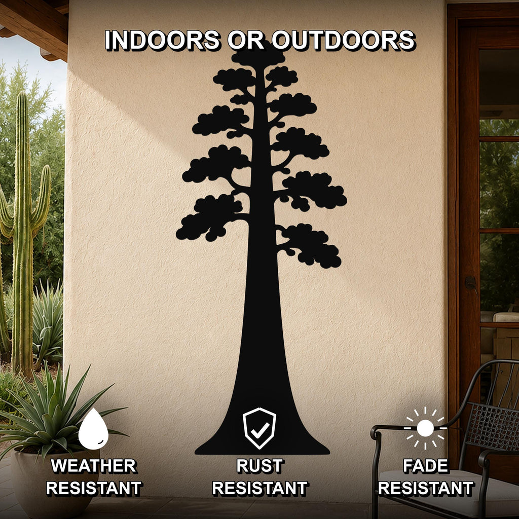 Black metal sequoia tree wall art with detailed branch cutouts, mounted on an outdoor patio wall, weather resistant, rust resistant, and fade resistant.