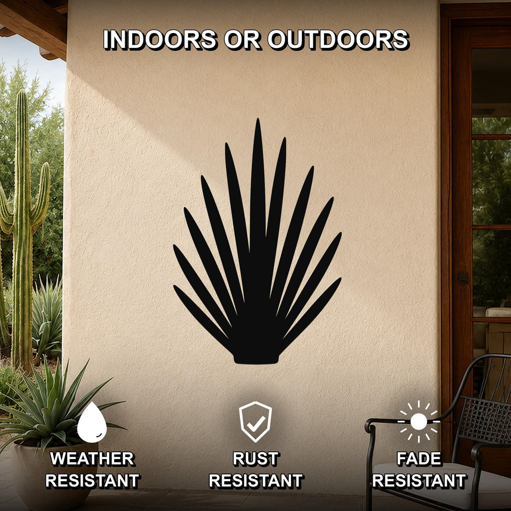 Black metal wall art in a spiky agave silhouette, mounted on an outdoor patio wall with weather, rust, and fade resistance labels visible.