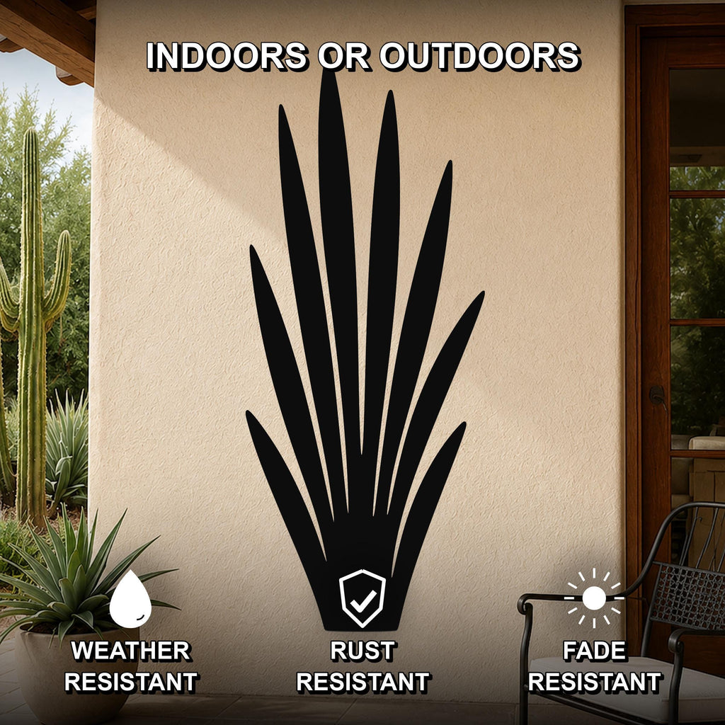 Black metal agave wall art silhouette with spiky leaves, mounted on an outdoor patio wall, weather, rust, and fade resistant.
