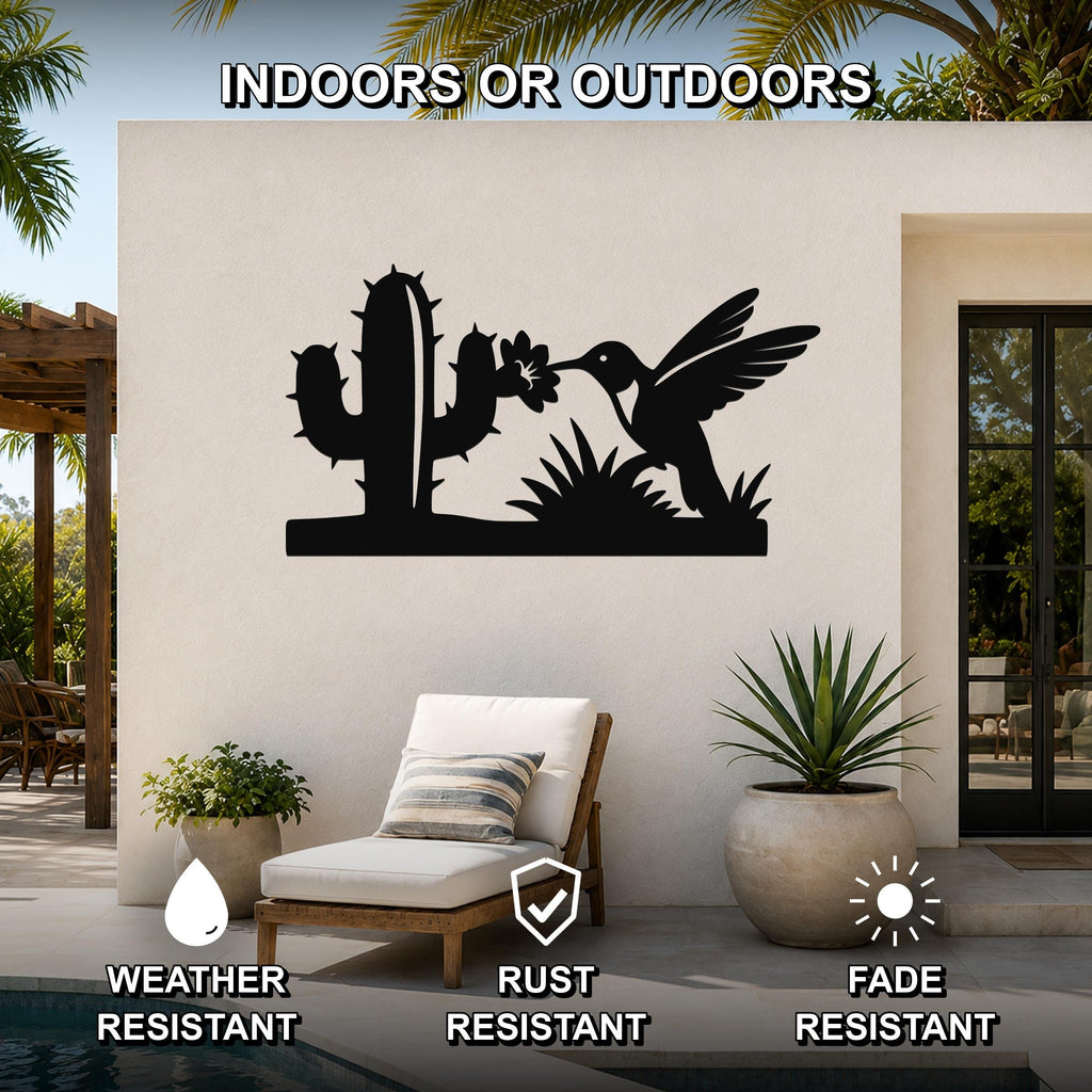 Southwestern Decor Metal Wall Art - Desert Wildlife Silhouette - Hummingbird and Saguaro Design, Steel, Indoor Outdoor Accent
